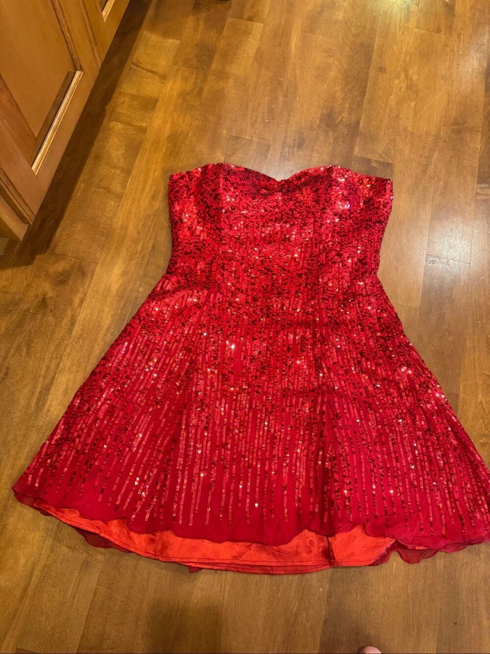 Scala Red 100% Silk Sequin Strapless Cocktail Dress Size 12 Fit & Flare